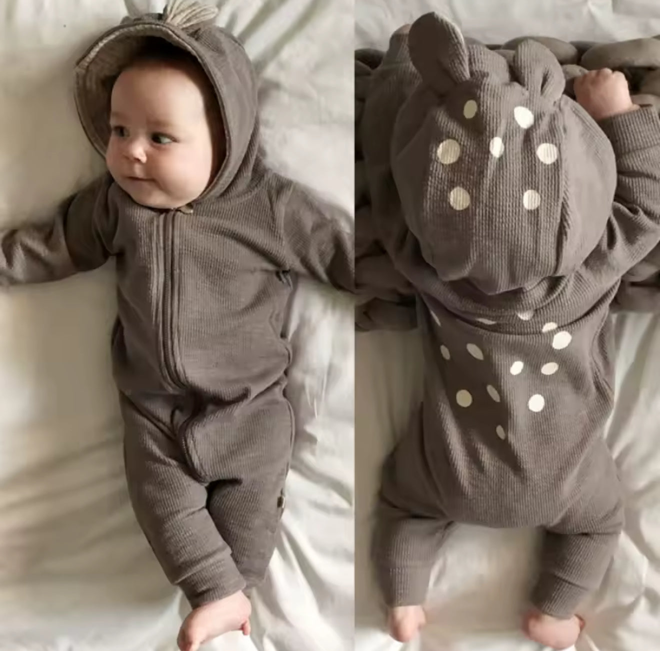 Baby Hooded Deer Print Zip up Romper Hippo Boutique