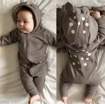Baby Hooded Deer Print Zip up Romper Hippo Boutique