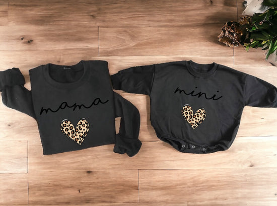 Leopard Heart Mama & Mini matching Baby Sweatshirt Romper bodysuit & Crewneck Hippo Boutique
