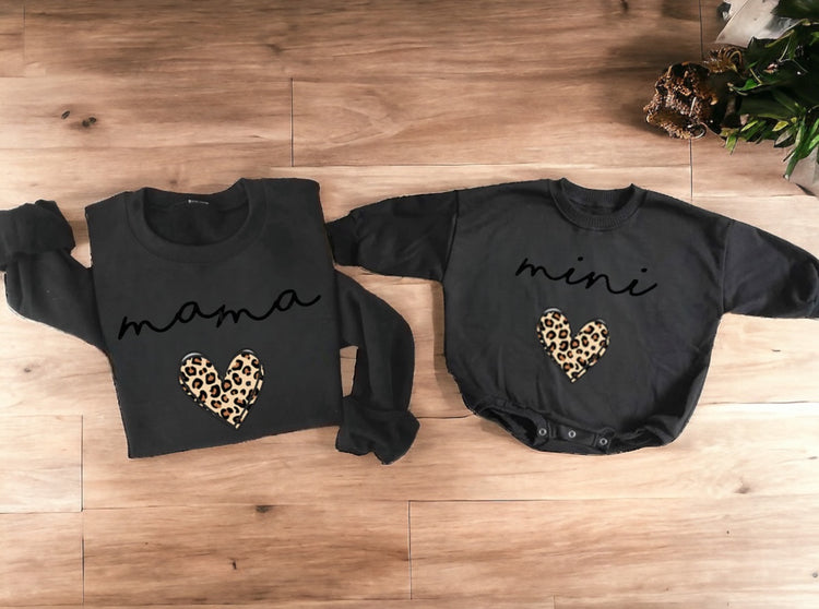 Leopard Heart Mama & Mini matching Baby Sweatshirt Romper bodysuit & Crewneck Hippo Boutique
