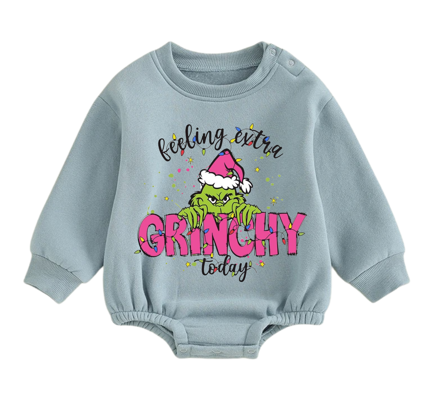 Feeling Grinchy fleece Baby Oversized christmas Sweatshirt Romper Hippo Boutique