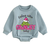 Feeling Grinchy fleece Baby Oversized christmas Sweatshirt Romper Hippo Boutique