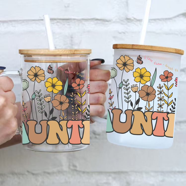 Floral Auntie Glass Tumbler Cups Hippo Boutique