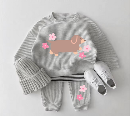 Baby Waffle Knit Jogger Outfit - Floral Dachshund Hippo Boutique