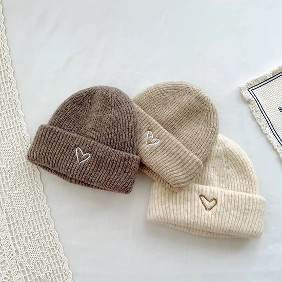 Baby and kids winter hats, beanie, tuque with embroidered heart