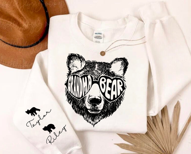 Custom Grandma Bear Sweatshirt with children’s name on sleeve Hippo Boutique