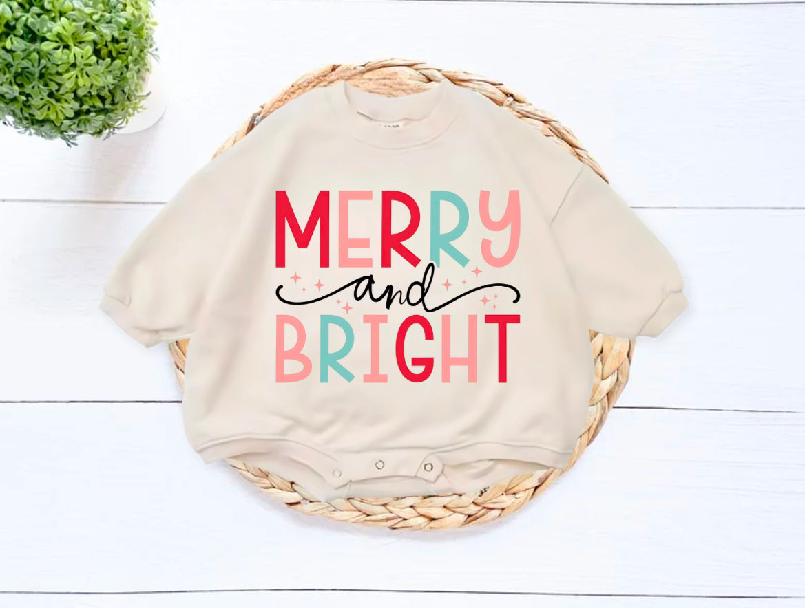 Merry and Bright Christmas baby Oversized Sweatshirt Romper Hippo Boutique