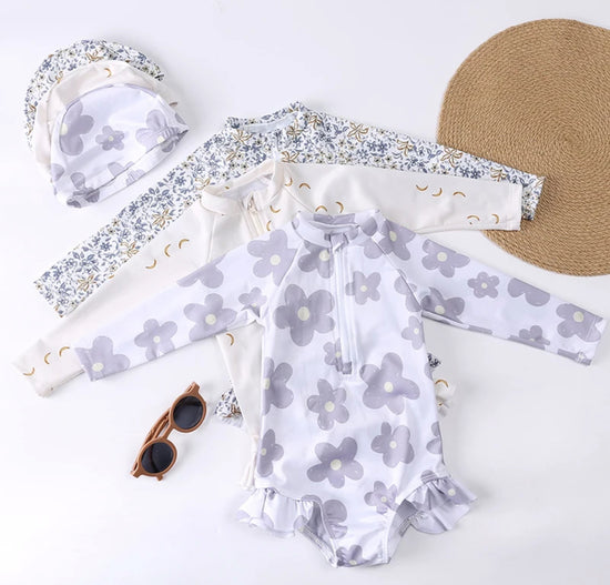 Baby Girl Floral & Moons One Piece Rash Guard Swimsuit Hippo Boutique