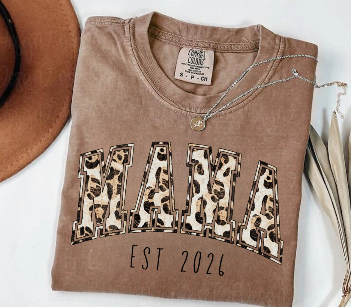 Leopard Print Mama with EST Date Women’s T-Shirt Hippo Boutique