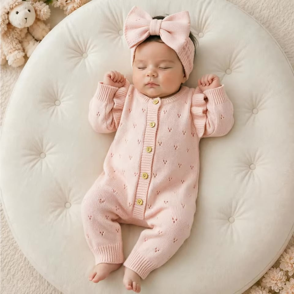 Pink Knit Baby Girl Romper with Ruffle Sleeves & Matching Bow Headband Hippo Boutique