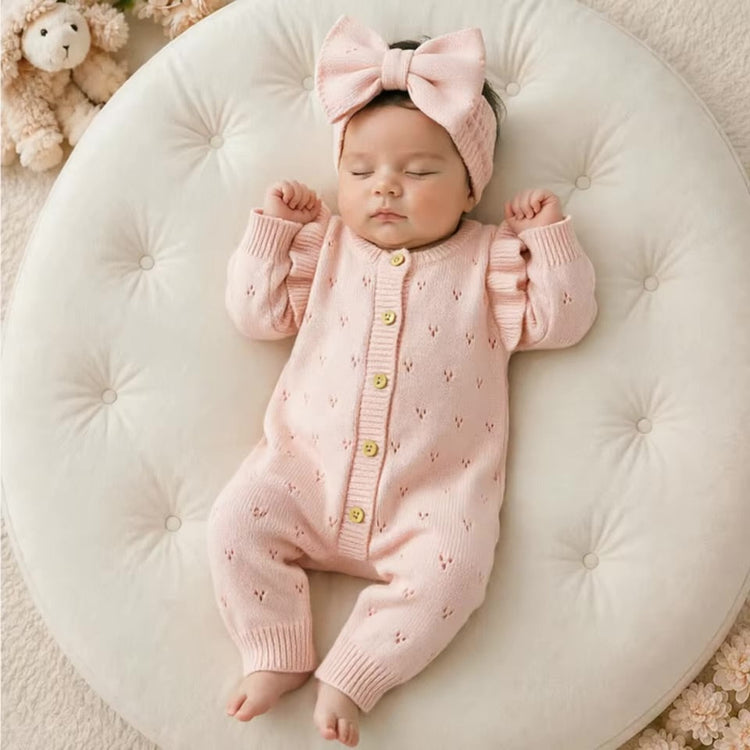 Pink Knit Baby Girl Romper with Ruffle Sleeves & Matching Bow Headband Hippo Boutique