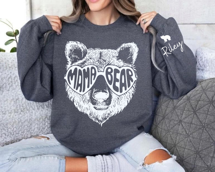 Custom Mama Bear Sweatshirt with children’s name on sleeve Hippo Boutique