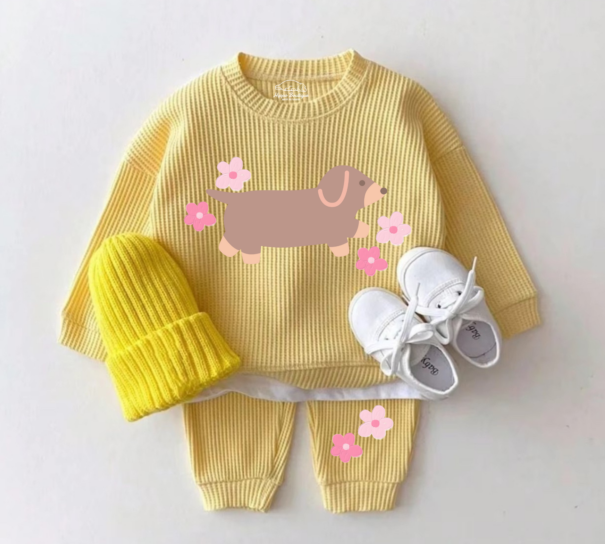 Baby Waffle Knit Jogger Outfit - Floral Dachshund Hippo Boutique