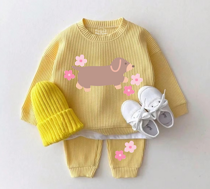 Baby Waffle Knit Jogger Outfit - Floral Dachshund Hippo Boutique