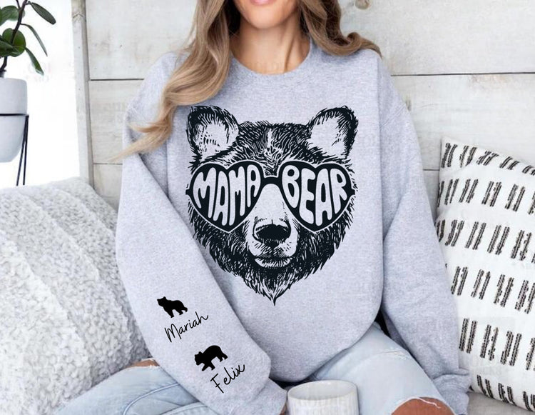 Custom Mama Bear Sweatshirt with children’s name on sleeve Hippo Boutique