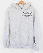In loving memory memorial hoodie with name date and quote on sleeve and back Hippo Boutique