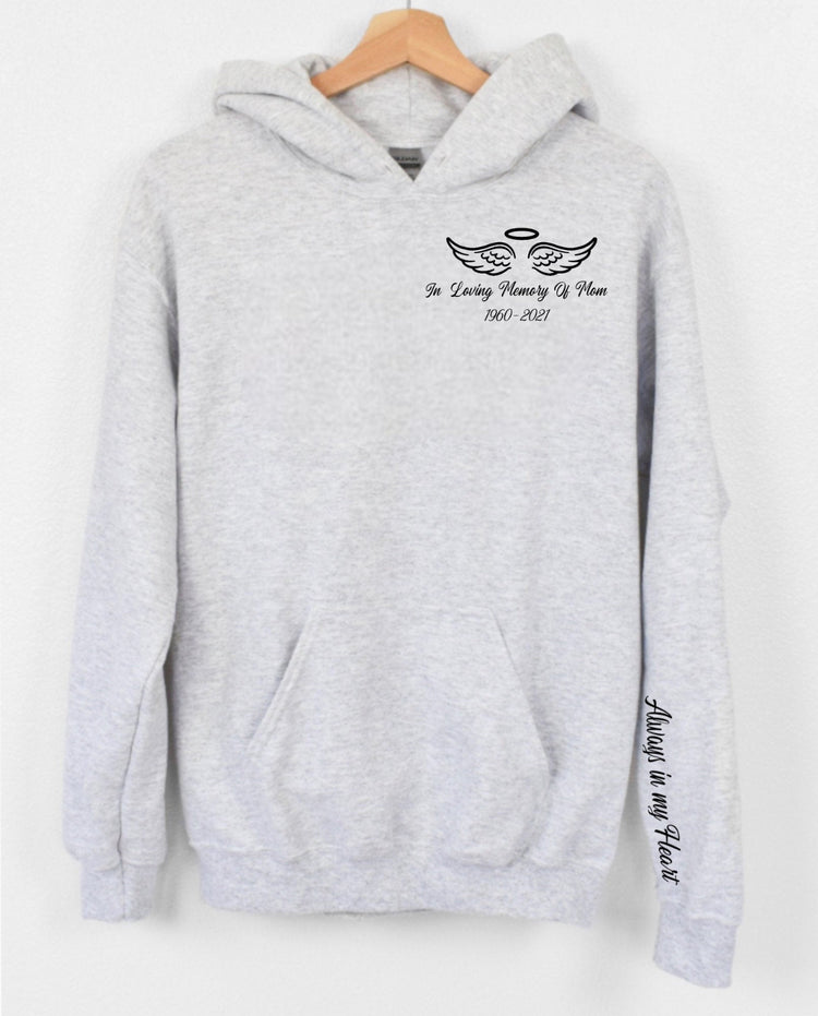 In loving memory memorial hoodie with name date and quote on sleeve and back Hippo Boutique
