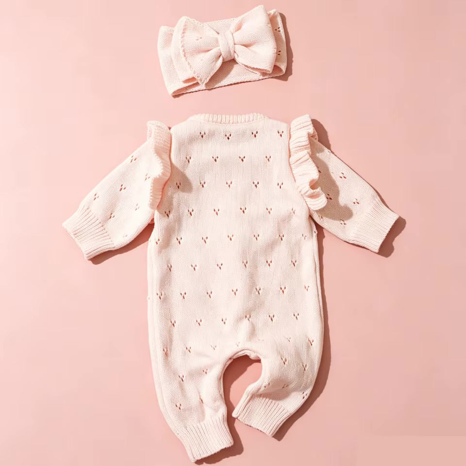 Pink Knit Baby Girl Romper with Ruffle Sleeves & Matching Bow Headband Hippo Boutique
