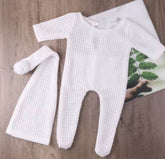 Newborn Waffle Knit Romper & Matching Pom Pom Hat Set – Baby Boy Coming Home Outfit Hippo Boutique