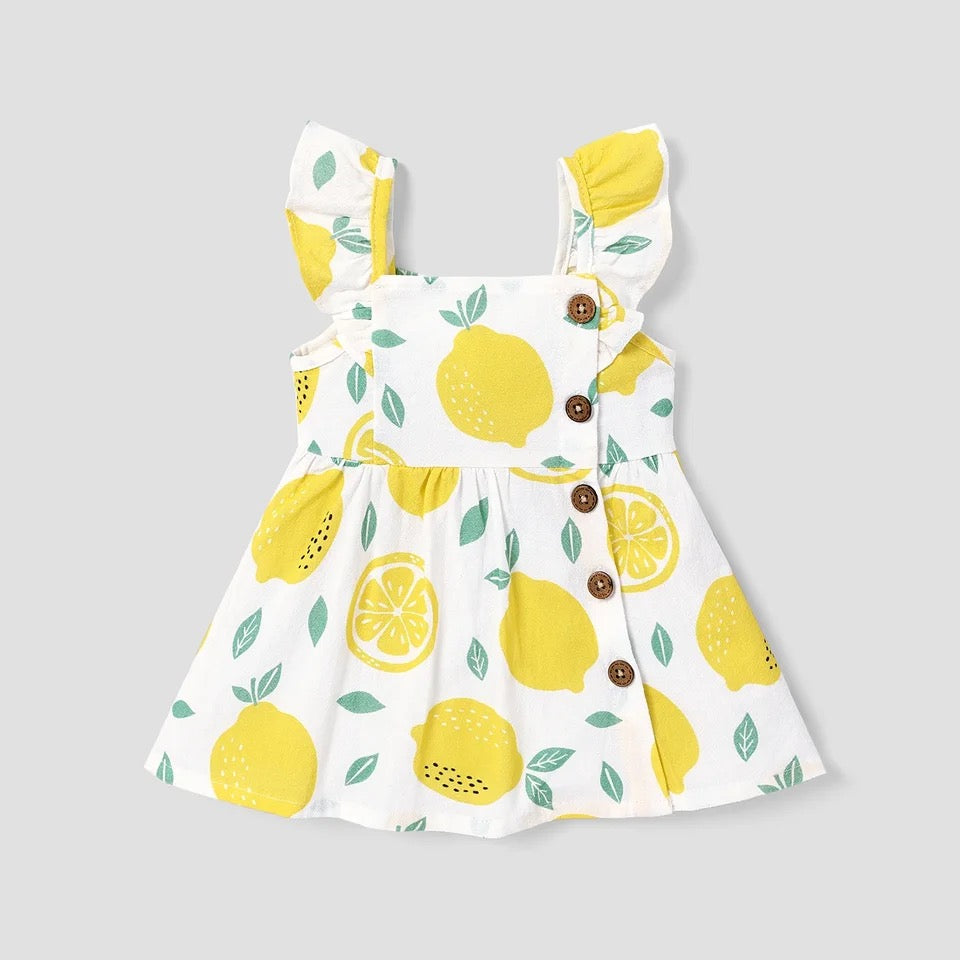 Button lemon and yellow plaid baby sleeveless ruffle dress Hippo Boutique