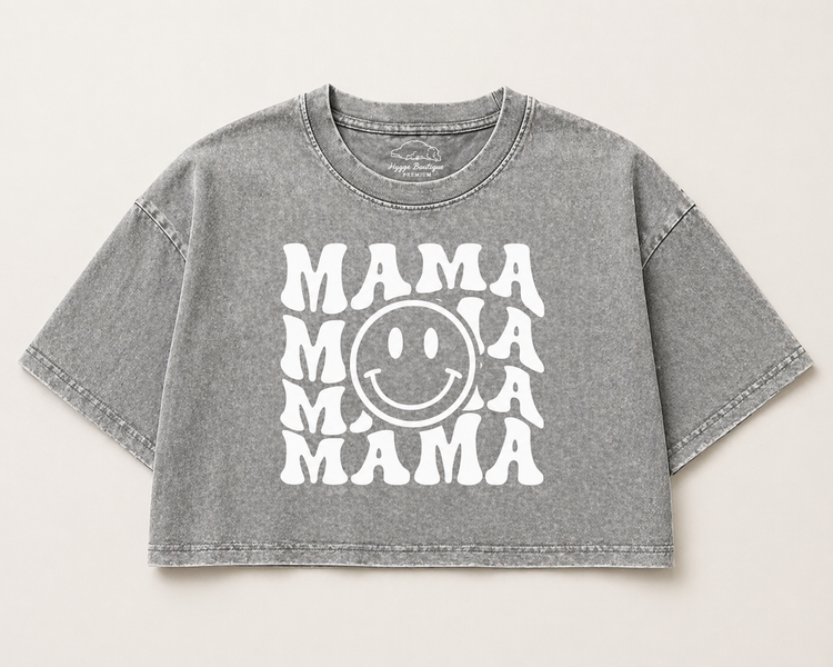 Retro Mama Smile Acid Washed 100% Cotton Oversized Cropped T-Shirts Hippo Boutique