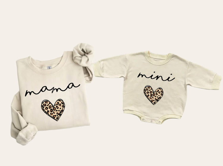 Leopard Heart Mama & Mini matching Baby Sweatshirt Romper bodysuit & Crewneck Hippo Boutique