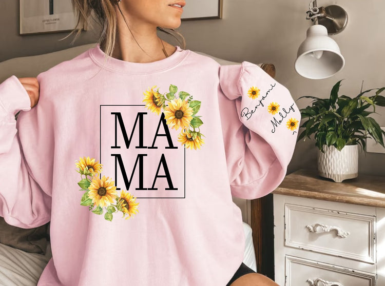 Sunflower Mama Sweatshirt with children’s name on sleeve Hippo Boutique
