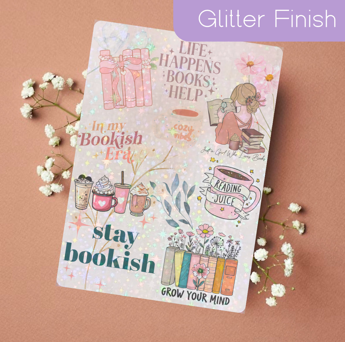 Pink Kindle insert with glitter finish featuring floral, bookish, and reading-themed illustrations and quotes. - Kindle Insert - Stay Bookish