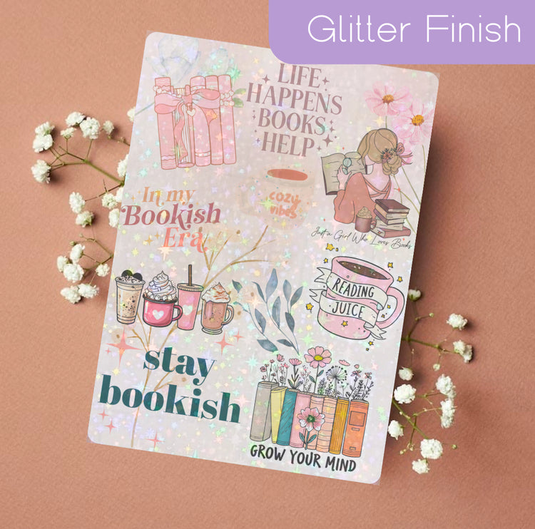 Pink Kindle insert with glitter finish featuring floral, bookish, and reading-themed illustrations and quotes. - Kindle Insert - Stay Bookish