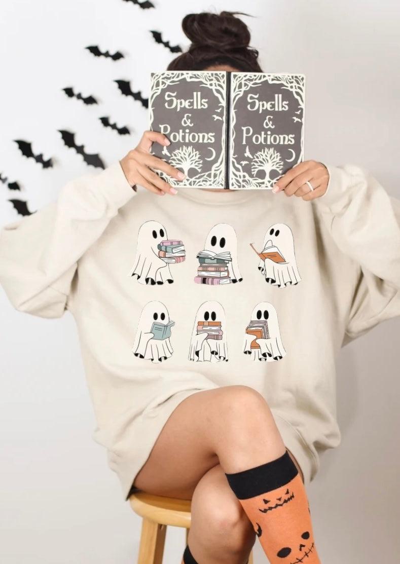 Halloween fleece crewneck Sweatshirts Reading Ghosts Hippo Boutique