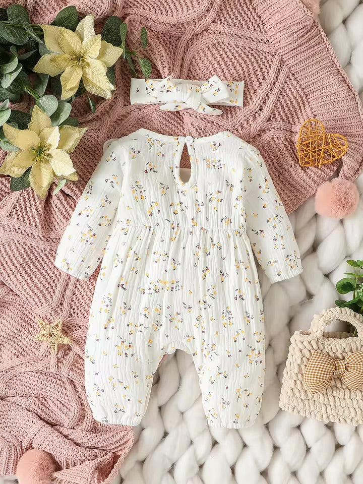 Floral Baby Girl Romper with Pink Bows & Matching Bow Headband Hippo Boutique