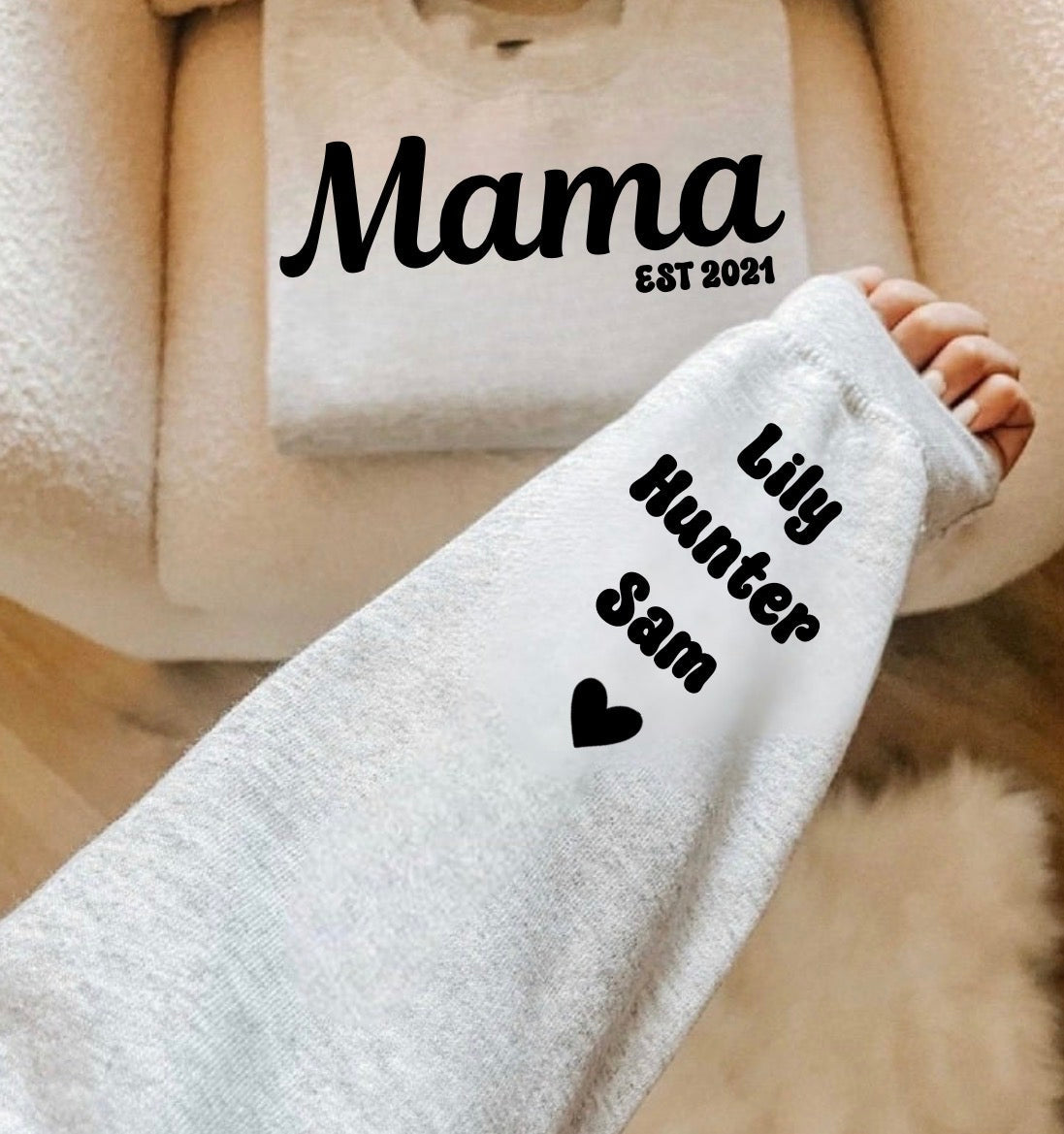 Custom Mama Sweatshirt with children’s name on sleeve Hippo Boutique