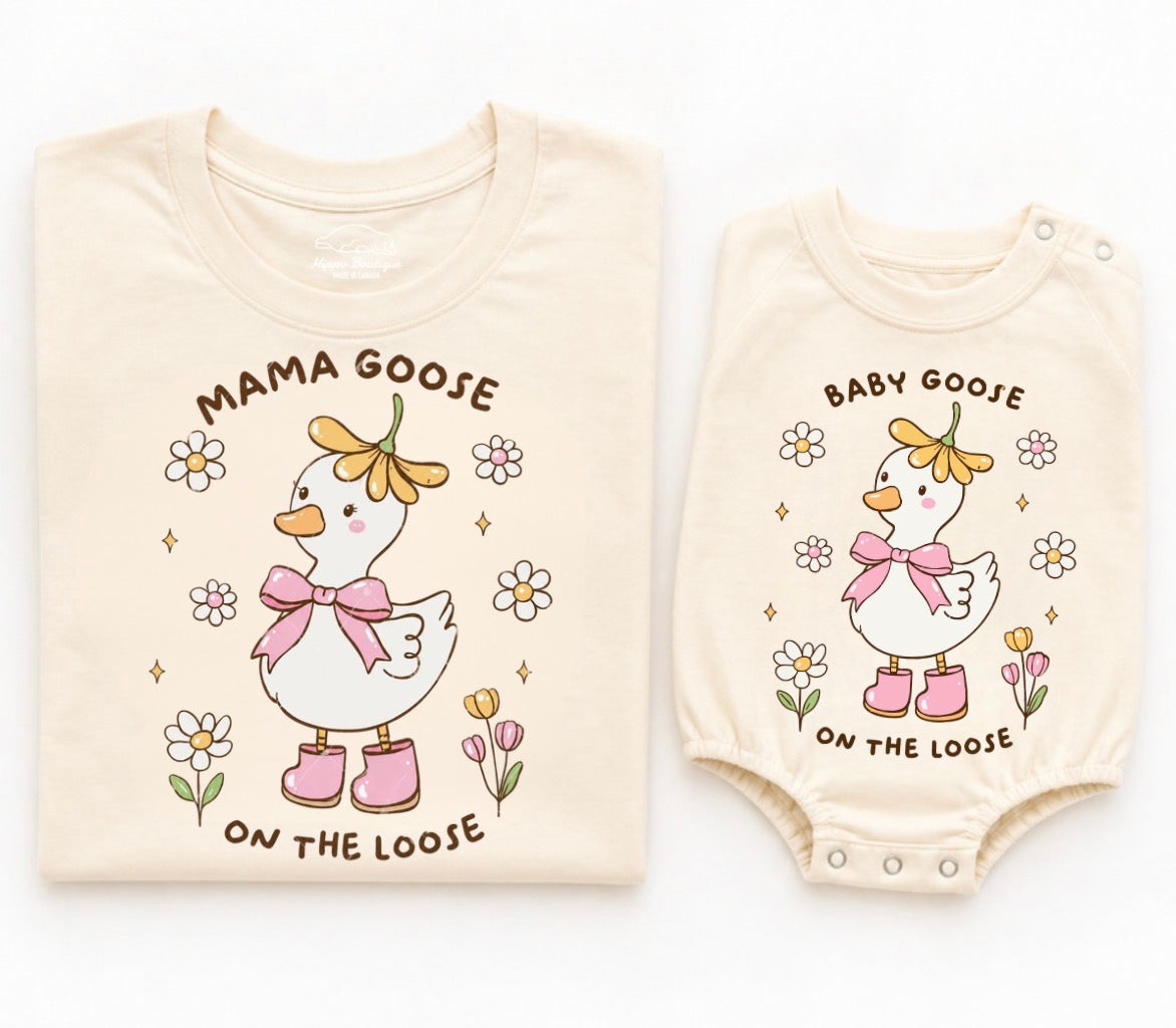 Mama goose on the loose shirt and matching baby goose on the loose romper matching outfit mama and mini shirts 
