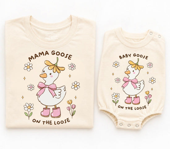 Mama goose on the loose shirt and matching baby goose on the loose romper matching outfit mama and mini shirts 