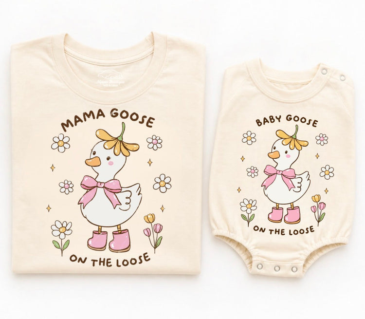 Mama goose on the loose shirt and matching baby goose on the loose romper matching outfit mama and mini shirts 