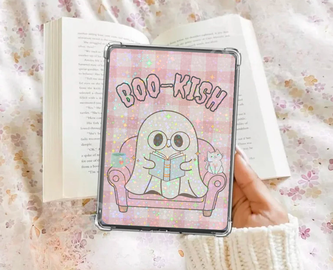 Glossy Kindle insert with pastel ghost reading a book, pink "Boo-kish" text, and floral background. - Kindle Insert - Ghost Bookish