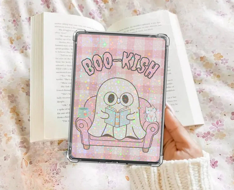 Glossy Kindle insert with pastel ghost reading a book, pink "Boo-kish" text, and floral background. - Kindle Insert - Ghost Bookish