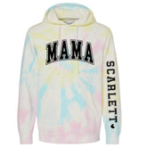 Custom Varsity Mama Tie Dye Hoodies with children’s name on sleeve Hippo Boutique