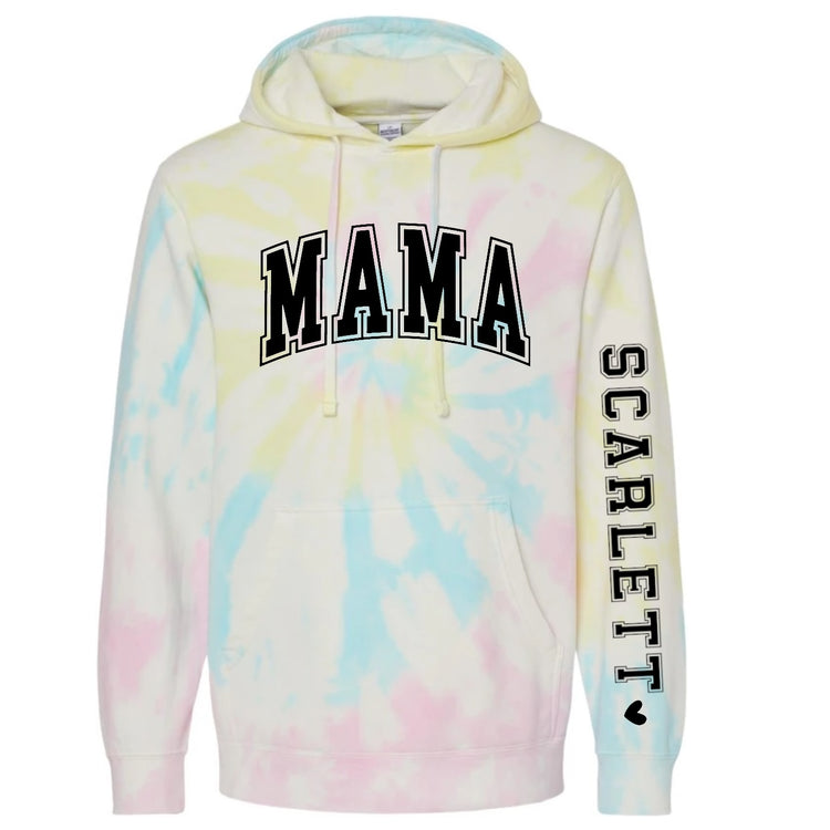 Custom Varsity Mama Tie Dye Hoodies with children’s name on sleeve Hippo Boutique