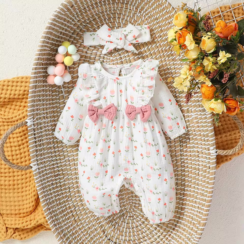 Floral Baby Girl Romper with Pink Bows & Matching Bow Headband Hippo Boutique