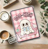 Pink gingham Kindle insert with a cute ghost reading on a couch and the text BOO-KISH in playful font. - Kindle Insert - Ghost Bookish