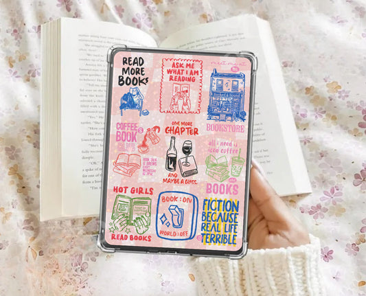 Pink checkered Kindle insert with hand drawn bookish designs pink kindle insert halo graphic kindle card stock