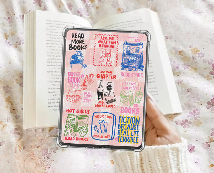 Pink checkered Kindle insert with hand drawn bookish designs pink kindle insert halo graphic kindle card stock