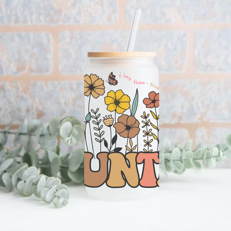 Floral Auntie Glass Tumbler Cups Hippo Boutique