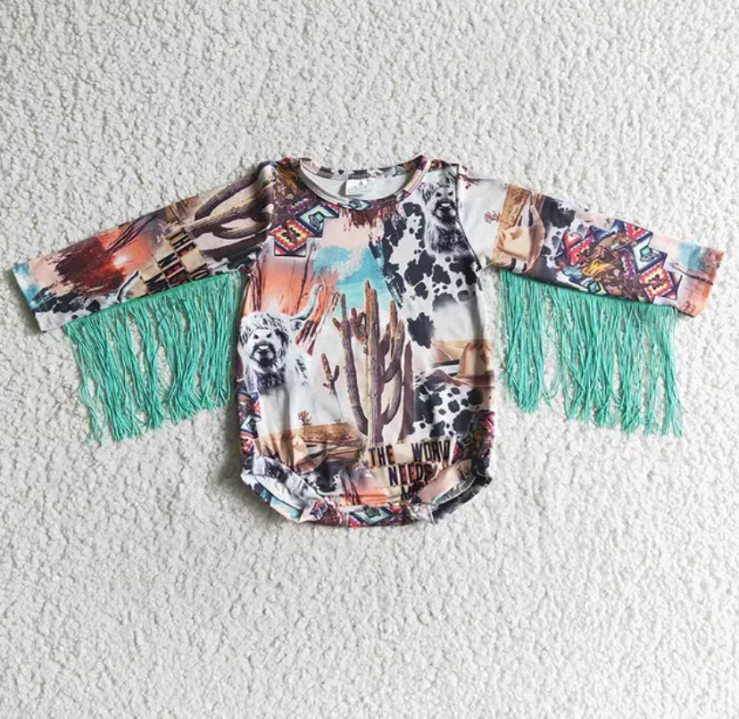 Western Cow Bubble Rompers with tassles Hippo Boutique