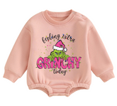 Feeling Grinchy fleece Baby Oversized christmas Sweatshirt Romper Hippo Boutique