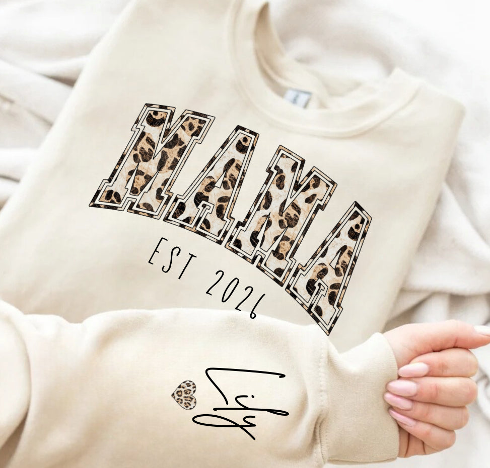 Custom Mama Leaopard Print Sweatshirt with children’s name on sleeve Hippo Boutique