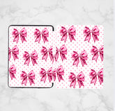 Pink Kindle case with repeating pattern of hand-drawn bows and small pink dots, organic and handmade design. - Kindle Case - Pink Coquette
