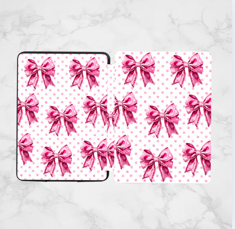 Pink Kindle case with repeating pattern of hand-drawn bows and small pink dots, organic and handmade design. - Kindle Case - Pink Coquette