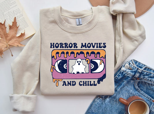 Halloween Horror Movies and Chill Women’s fleece crewneck Sweatshirts Hippo Boutique